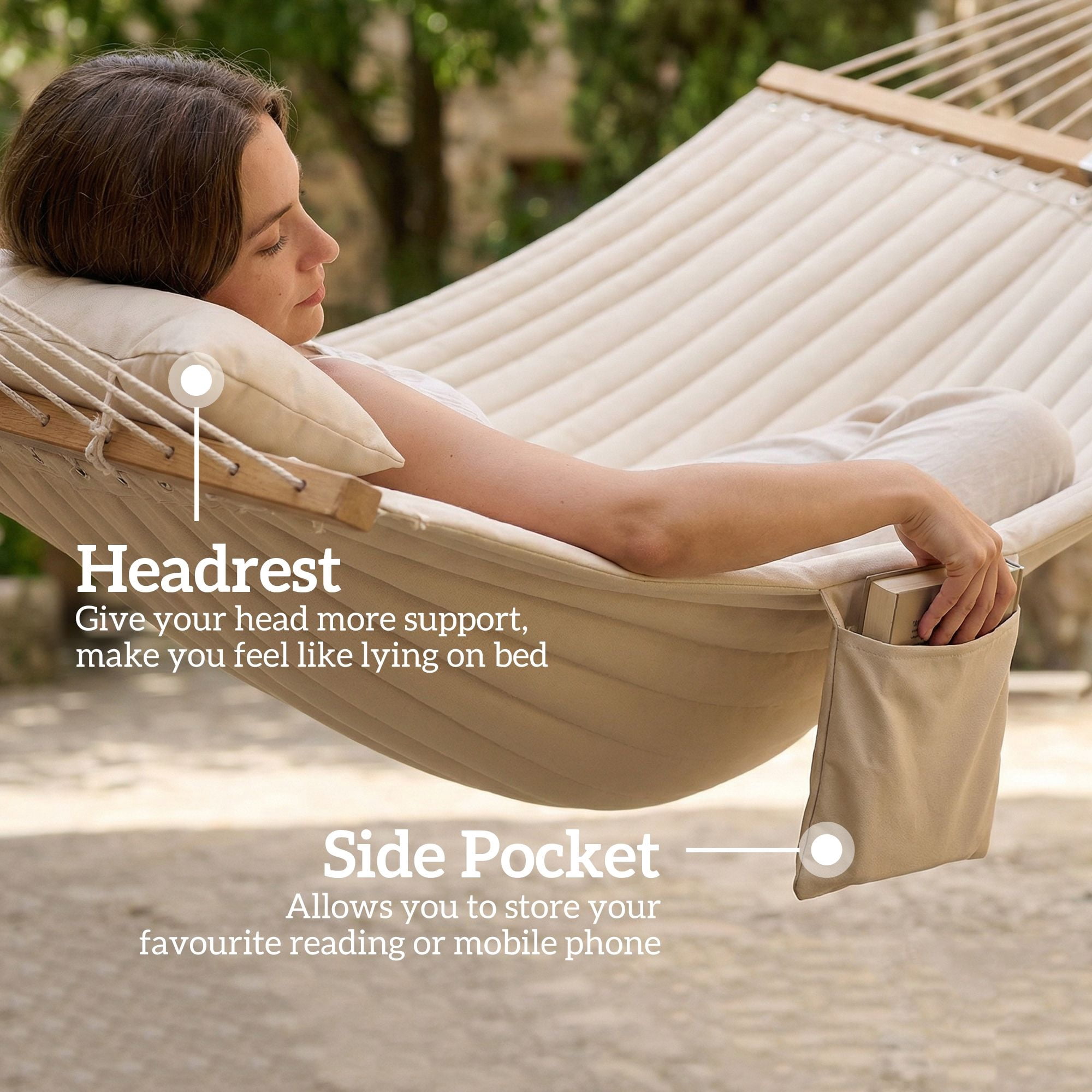 Double Quilted Hammock with 160g Padding, Beechwood Spreader Bars, Detachable Pillow, Magazine Pocket, 440 lbs Capacity for Patio Balcony