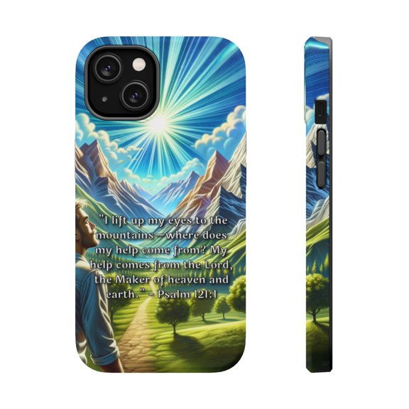 DistinctInk Tough Case for Apple iPhone 15 PLUS (6.7" Screen), Compatible with MagSafe Charging - Psalm 121:1 - Seeking Divine Help from the Mountains