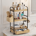 thumbnail image 5 of 3-Tier Bathroom Counter Organizer with Drawer, Wooden Vanity Skincare Storage Shelf with Thickened Metal Frame, Countertop Shelf with Basket & Hooks for Makeup Organization, Light Brown, 5 of 7