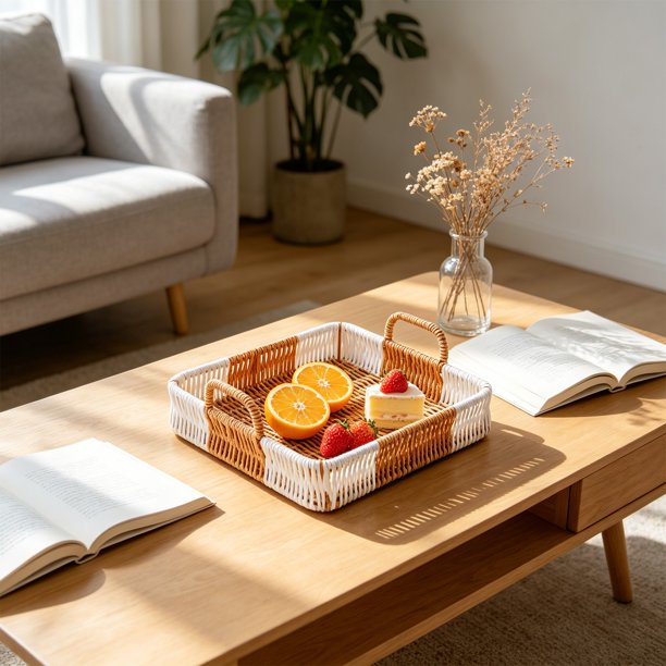 Woven-Style Storage Tray Imitation Woven Serving Basket Fruit Table Storage Basket Decorative Woven-Look Tray