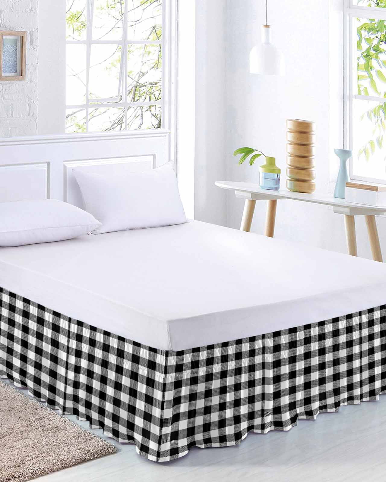 Black White Plaid Wrap Around Bed Skirts for Queen Bed 16" Drop,Bed Skirt with Adjustable Elastic Belt Dust Ruffle Bed Valance for Bedroom Hotel Luxury Farmhouse Modern Art Checkered Bed Frame Cover