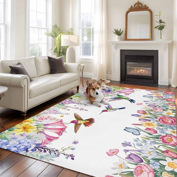 5'x8' Area Rugs, Watercolor Flowers Indoor Outdoor Area Rug for Living Room Bedroom, Spring Hummingbird Butterflly Floral Washable Bathroom Rugs Kitchen Floor Carpet Mats Home Decor Aesthetic