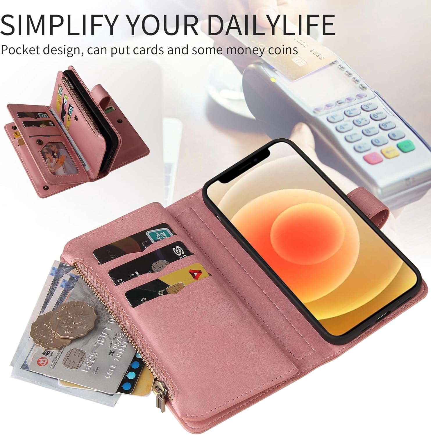 Solennerer Phone Case for iPhone 12 Mini 5.4 Wallet Cover with Tempered Glass Screen Protector and Wrist Strap Flip Credit Card Holder Slot Stand Cell iPhone12mini 5G i 12s iPhone12 12mini Women Men