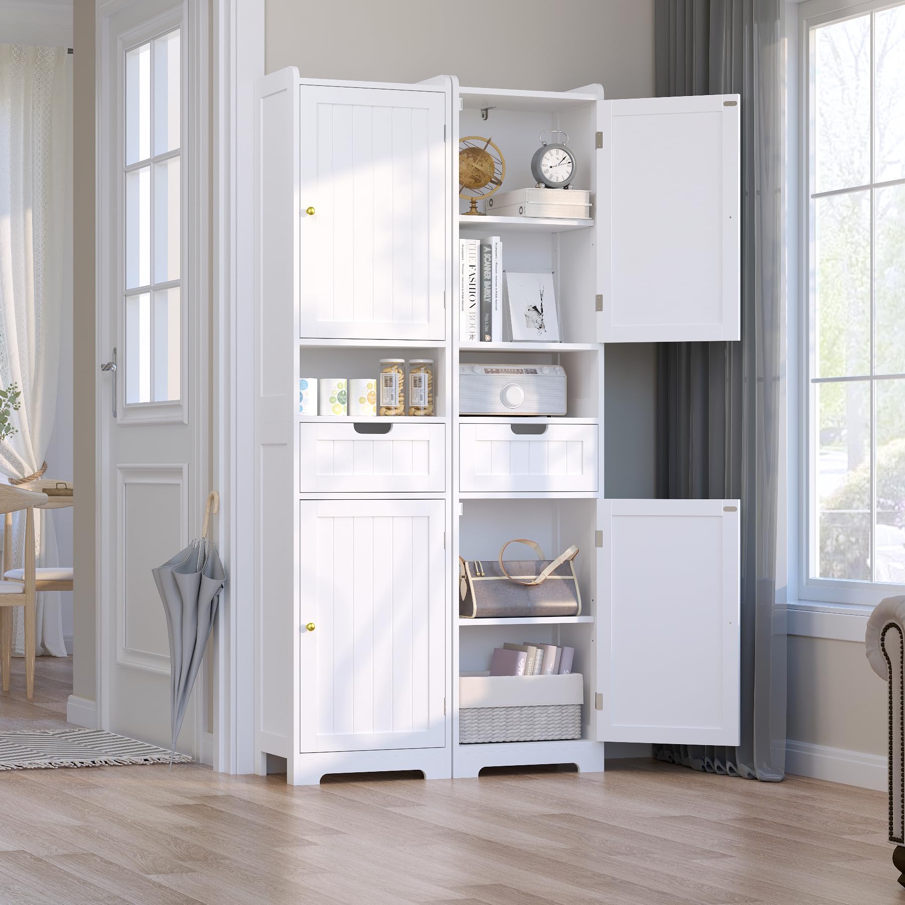 67" H Tall Bathroom Storage Cabinet, Narrow Freestanding Towel Cabinet with Waterproof Base, Adjustable Shelves, 2 Doors & 1 Drawer — for Bathroom, Kitchen, Living & Dining (White, 15.7" W)