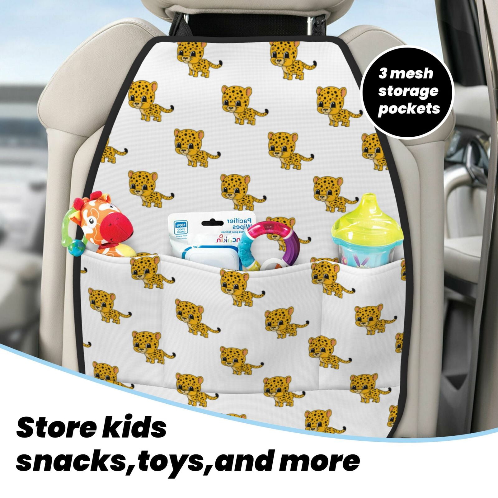 Xecao Leopard Print Pattern Car Seat Back Protector 2 Pack Large Capacity Pocket, Kick Mats Back Seat Protector