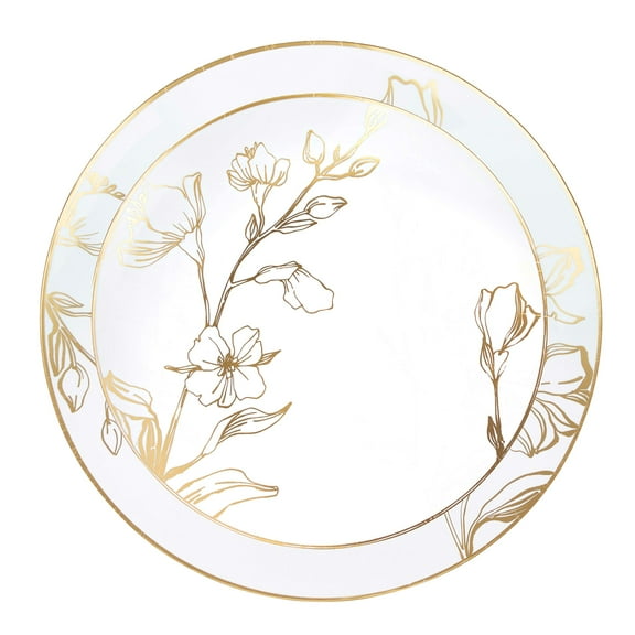 PLASTICPRO 32 Piece Combo Plates Set AD01 includes 16-7'' inch Plates & 16-10'' inch Plates White Plastic Floral Design Party Plates With Gold Rim, Premium heavyweight Elegant,Dishes,