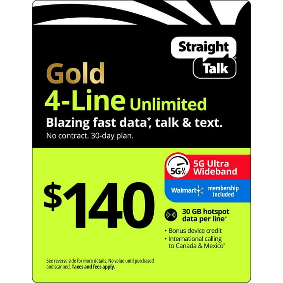 Straight Talk $140 Gold 4-Line Unlimited 30-Day Prepaid Plan, 30 GB Hotspot Data, 100GB Cloud Storage & Int'l Calling e-PIN Top Up (Email Delivery)