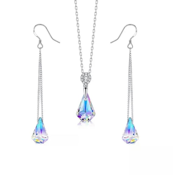 QQTDFG Women 925 Silver Cubic Zirconia Drop Earrings Necklace Wedding Jewelry Set-Earring&Necklace