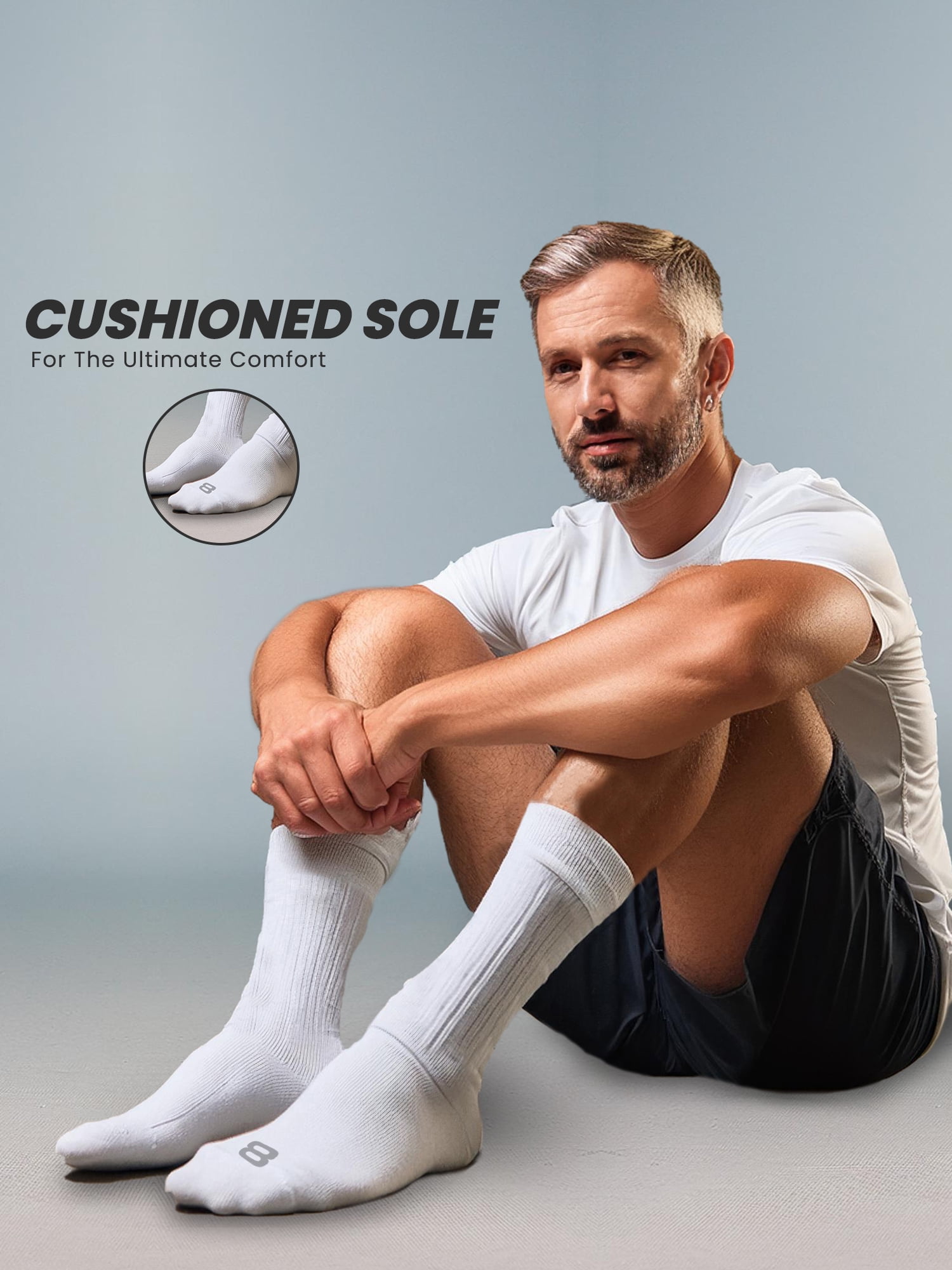 Layer 8 Cushioned Crew Socks for Men Breathable Athletic Socks with Moisture-Wicking Quick Dry Fiber, 12 Pairs, White