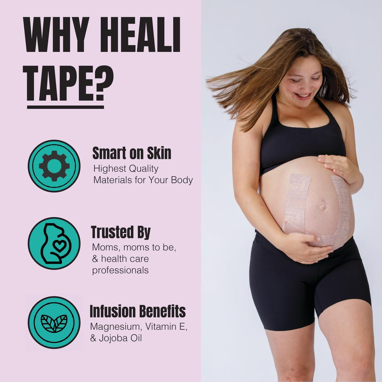 (2 pack) Heali Bump Belly Kinesiology Tape for Pregnancy and Maternity With Magnesium, Jojoba Oil, Vitamin E, 15 Precut 2x10 Inch Strips