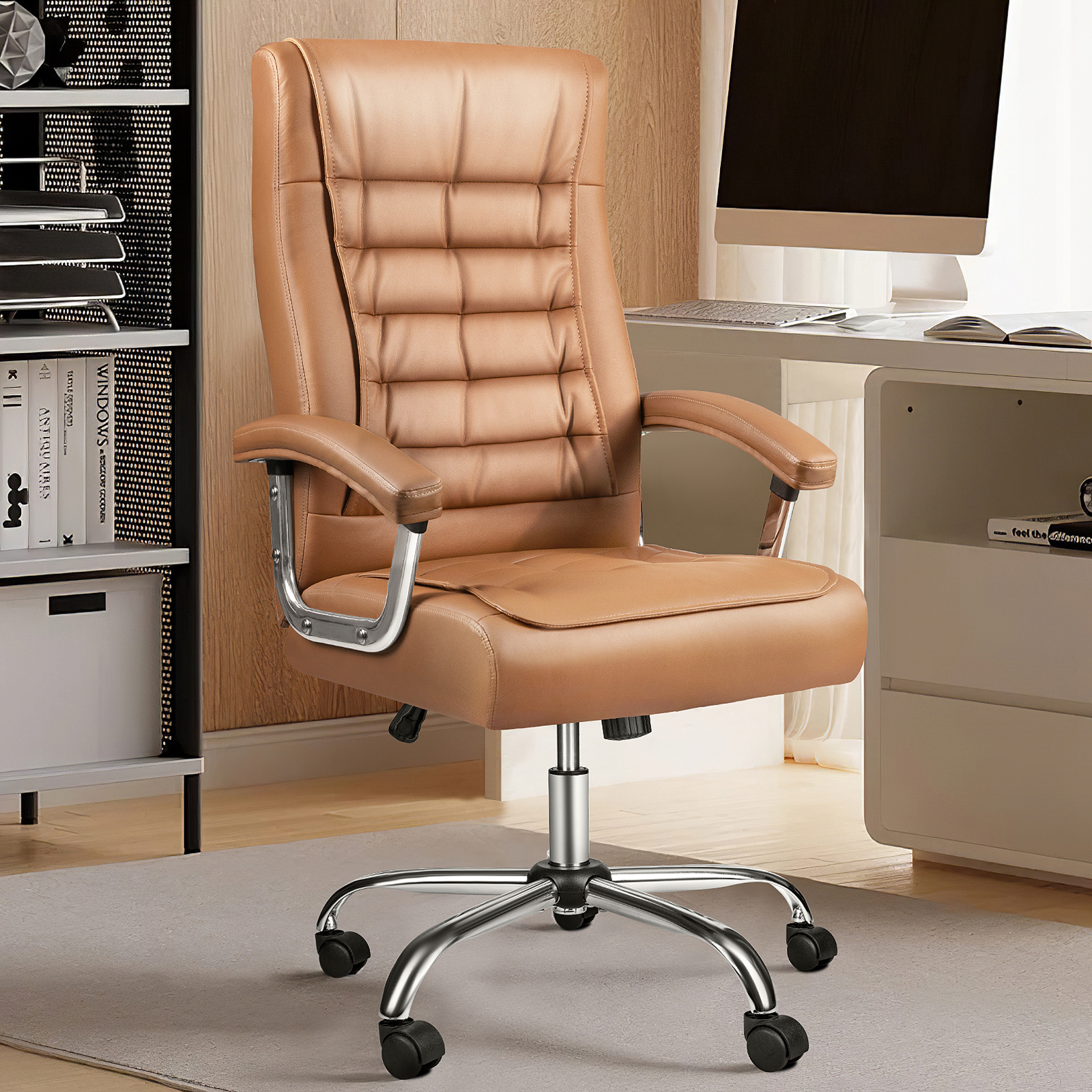 Waleaf Office Chair with Spring Cushion,400LBS High Back Computer Chair with Padded Armrest, Khaki - image 2 of 7