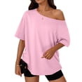 thumbnail image 1 of Tops de Mujer con Hombros Descubiertos, Camisetas Oversize de Corta, Ropa Informal de Moda de y Verano 2025. Rosa L, 1 of 8