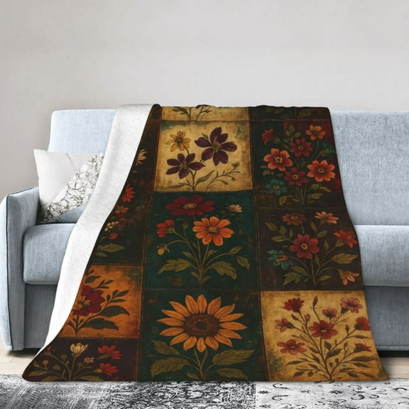 Vintage Sunflower Fleece Blanket Gifts, Classic Floral Art Design, Cozy Throw, Rustic Home Decor - Golden Yellow and Brown 50x40