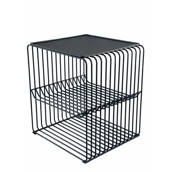 Benjara 20" Tall Side End Table- 2 Shelves- Square Top- Black Metal Wire Frame