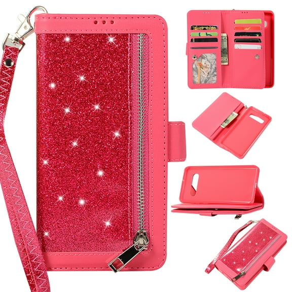 Zipper Wallet Case for Samsung Galaxy S10E S1e Phone, Allytech Bling Glitter Leather Case with 9 Credit Card Holder Flip Magnetic Closure Stand Cover with Cash Pocket and Hand Strap, Rose