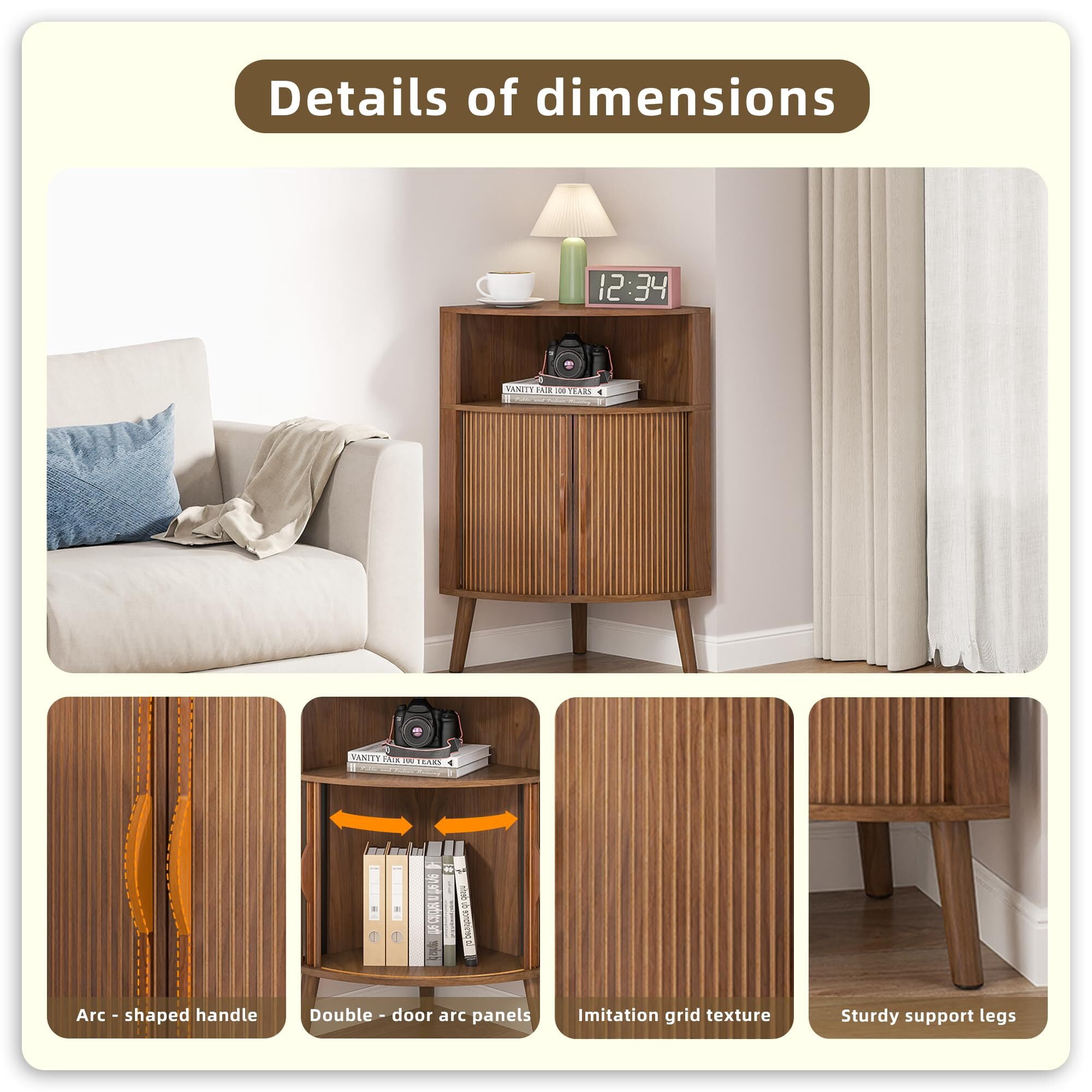 Bathroom Storage Cabinet, 31.5" Narrow Floor Corner Storage Cabinet with Fluted Doors & Shelves, Walnut