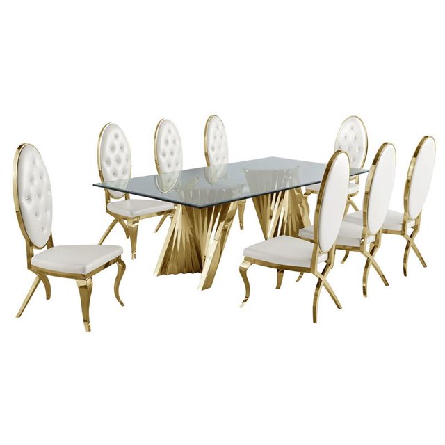 Clear Glass Dining Set with Table and 8 White Faux Leather Chairs