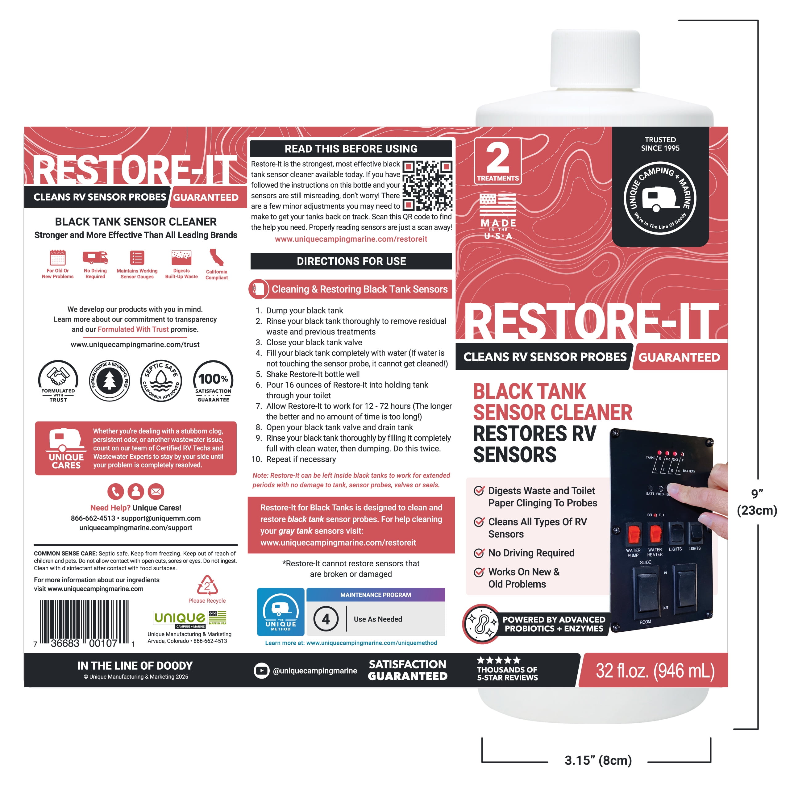 Unique Restore-It RV Tank Sensor Cleaner Liquid, Restore and Clean RV Black Tank Sensors (32 oz)