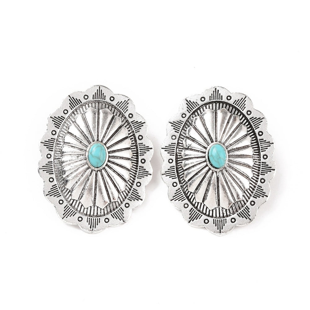 50pc 1-Hole Alloy Shank Buttons with Synthetic Turquoise Oval Antique Silver 44x34x14mm Hole: 5mm