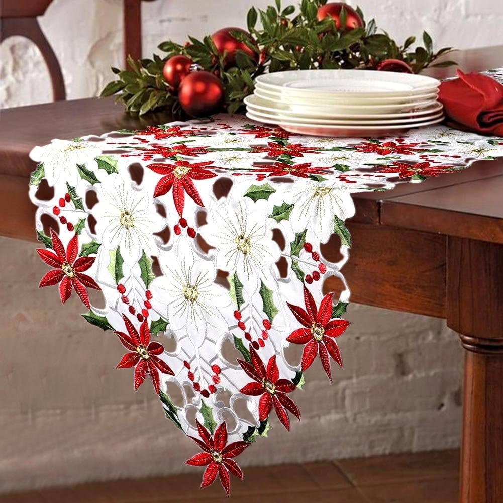 15 x 69 Inch Christmas Table Decoration for Christmas Dinner Party Supplies Christmas Decorations Indoor YeohJoy Embroidered Christmas Table Runners with Exquisite Poinsettia and Holly Leaves