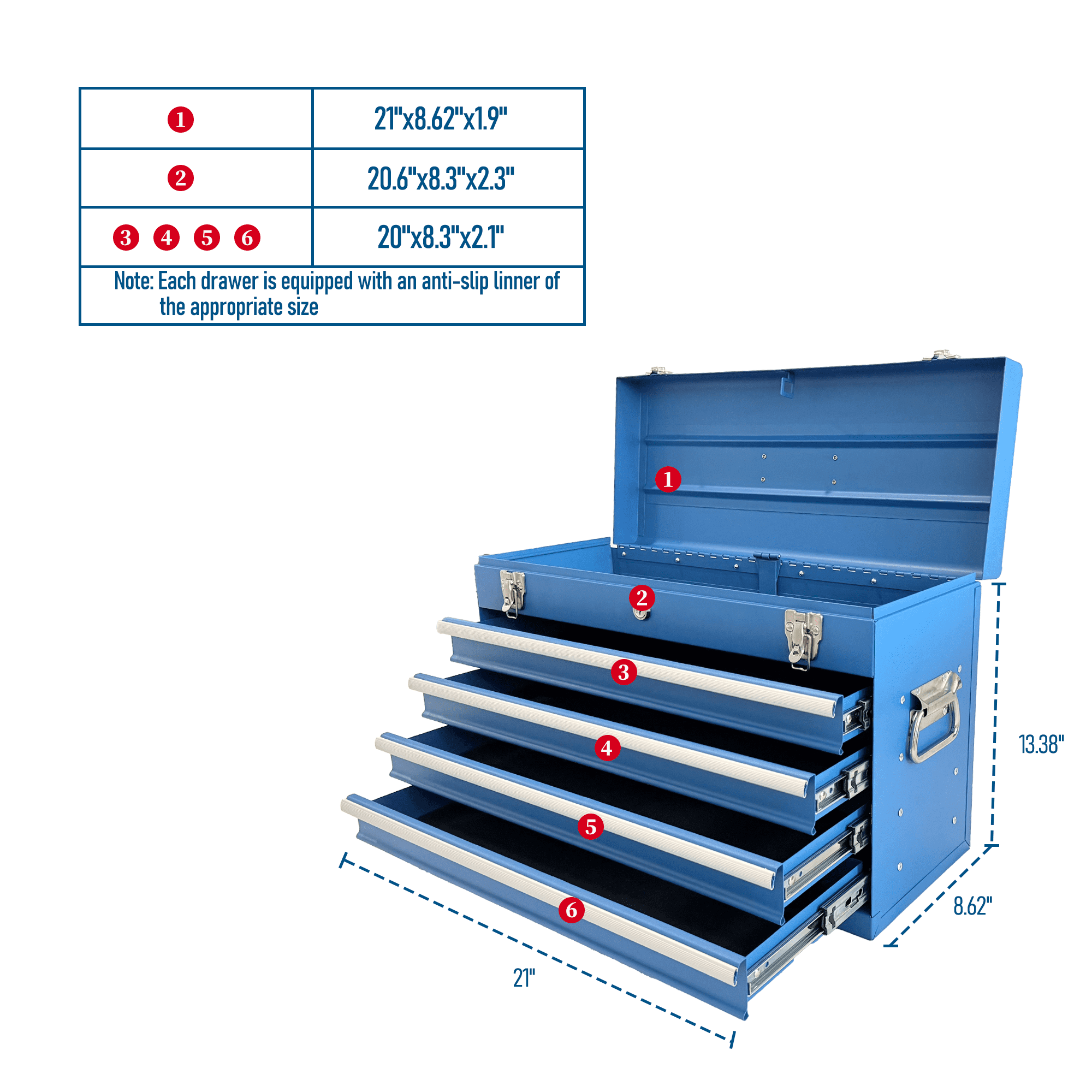 Heavy-Duty 21-Inch Metal Tool Box with 4 Drawers and EVA Liners, Portable Tool Chest with Ball Bearing Slides and Lock, Blue