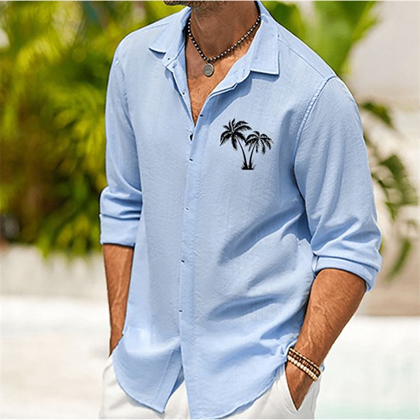 Camisa de hombre de 5 colores con estampado de árbol de coco, camisa con botones de solapa, camisa de manga larga para exteriores, camisa de diseñador de moda informal