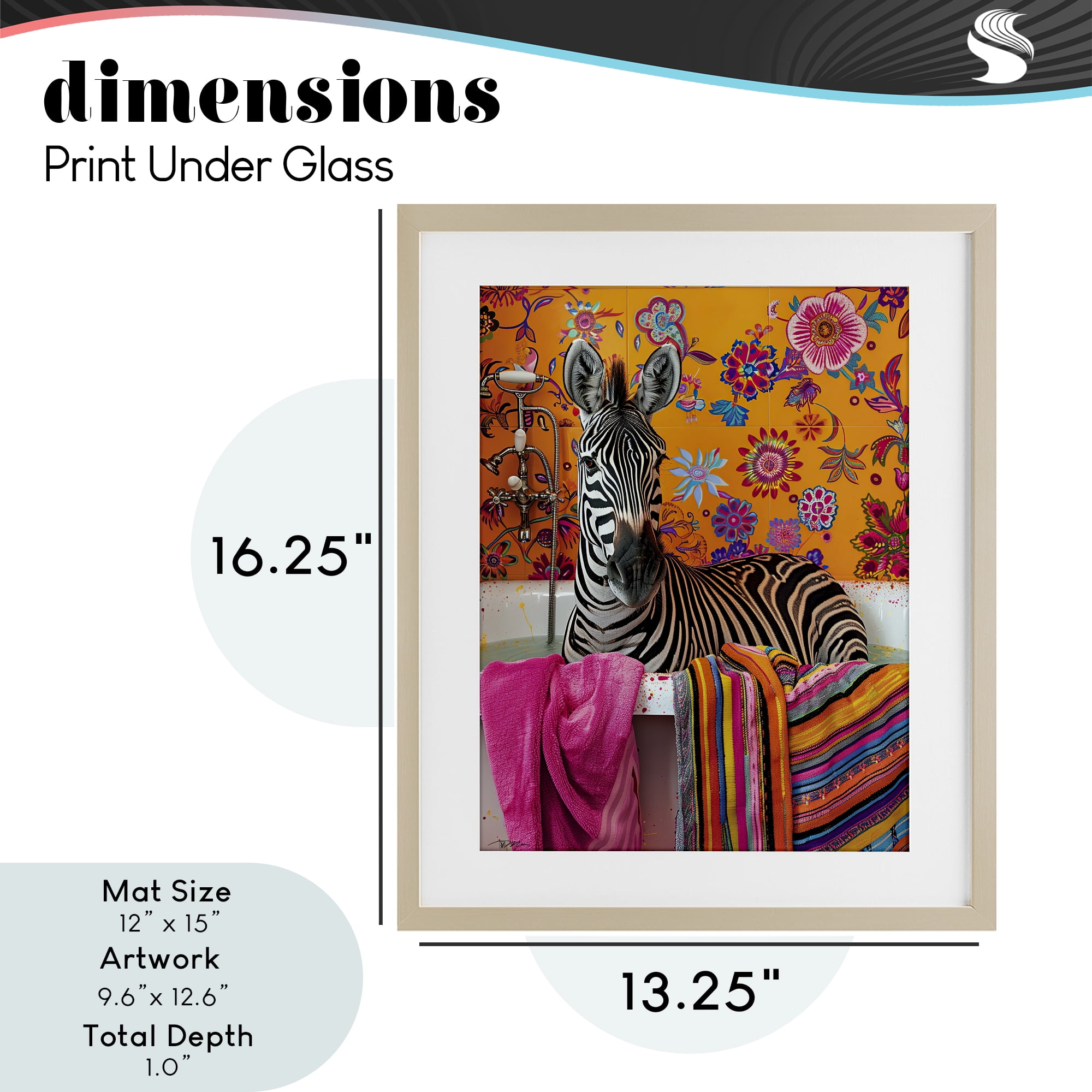 Zebra Bath with Colorful Towel Birch Framed Print Under Glass, design by Momart