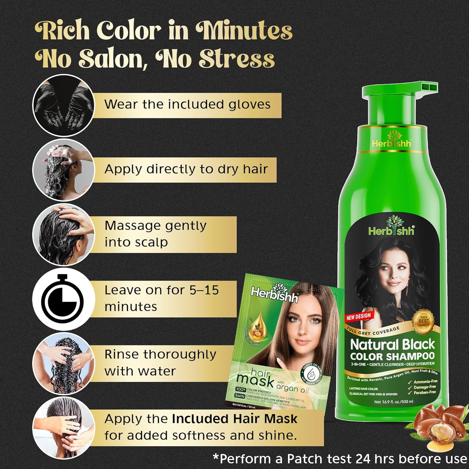 Herbishh Hair Color Shampoo - Magic Dye for Gray Hair, Lasting Color in Minutes - 1000 Ml, 3-In-1, Ammonia-Free (Black)