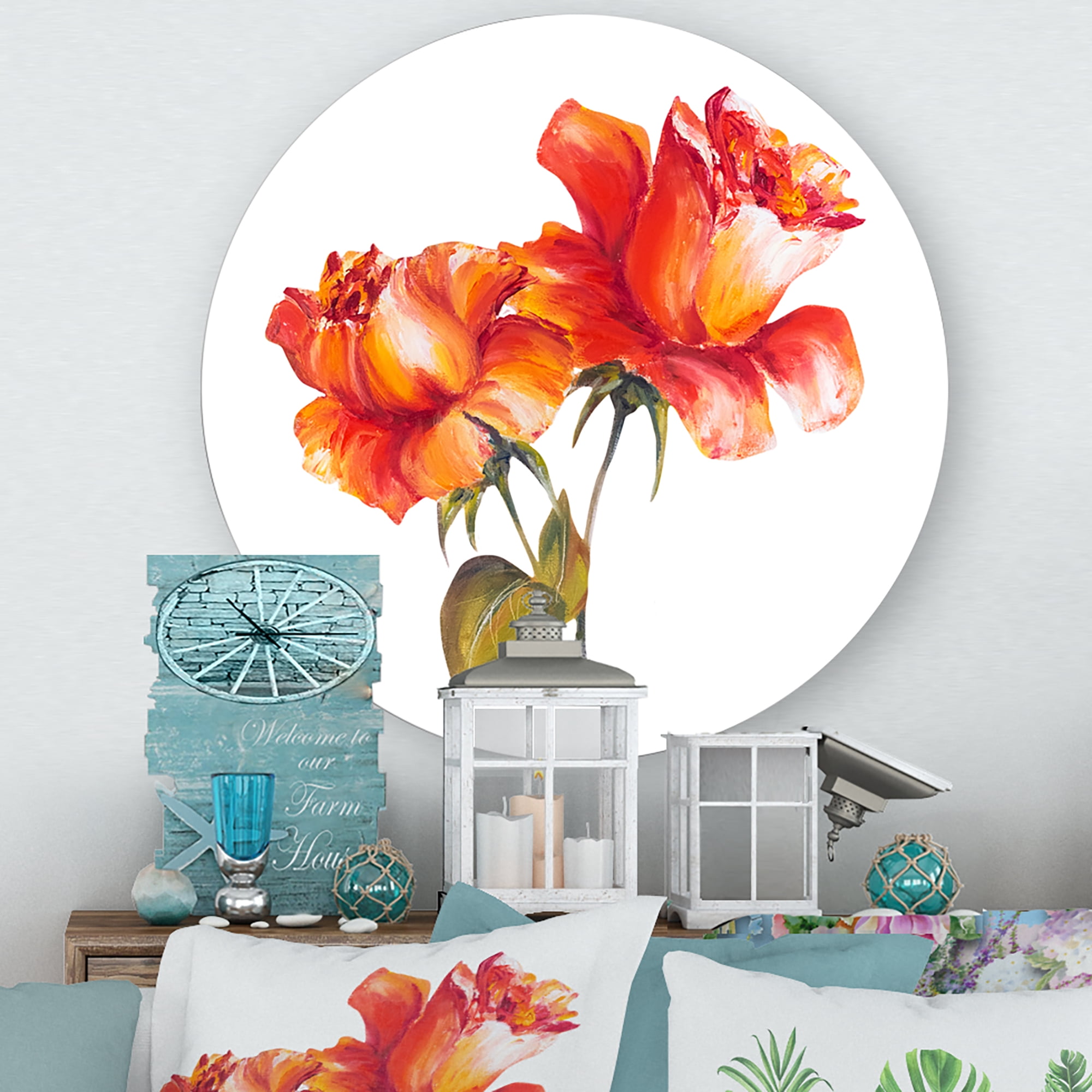 Designart 'Two Blossoming Red Roses On White' Traditional Circle Metal Wall Art 23x23 - Disc of 23