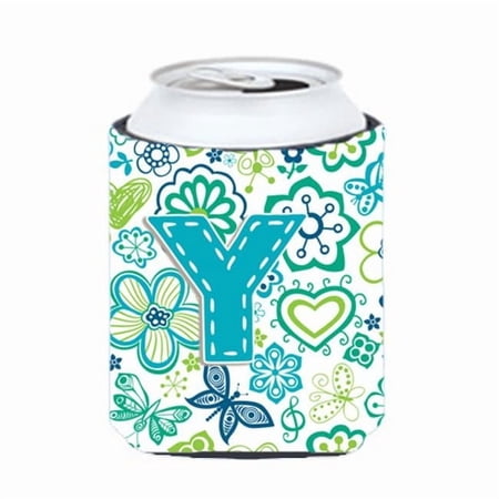 Letter Y Flowers and Butterflies Teal Blue Can or Bottle Hugger