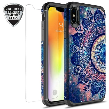 iPhone Xs Max Case With Tempered Glass Screen Protector, KAESAR Slim Hybrid Dual Layer Graphic Fashion Colorful Cover Armor Case for Apple iPhone X S Max (Mandala)