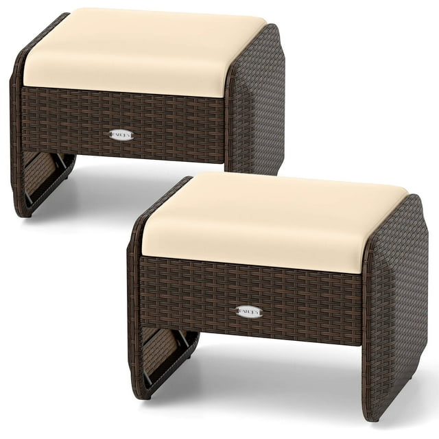 Patiojoy 2 Pieces Outdoor Patio PE Wicker Ottomans with Removable Cushions Footstools Beige