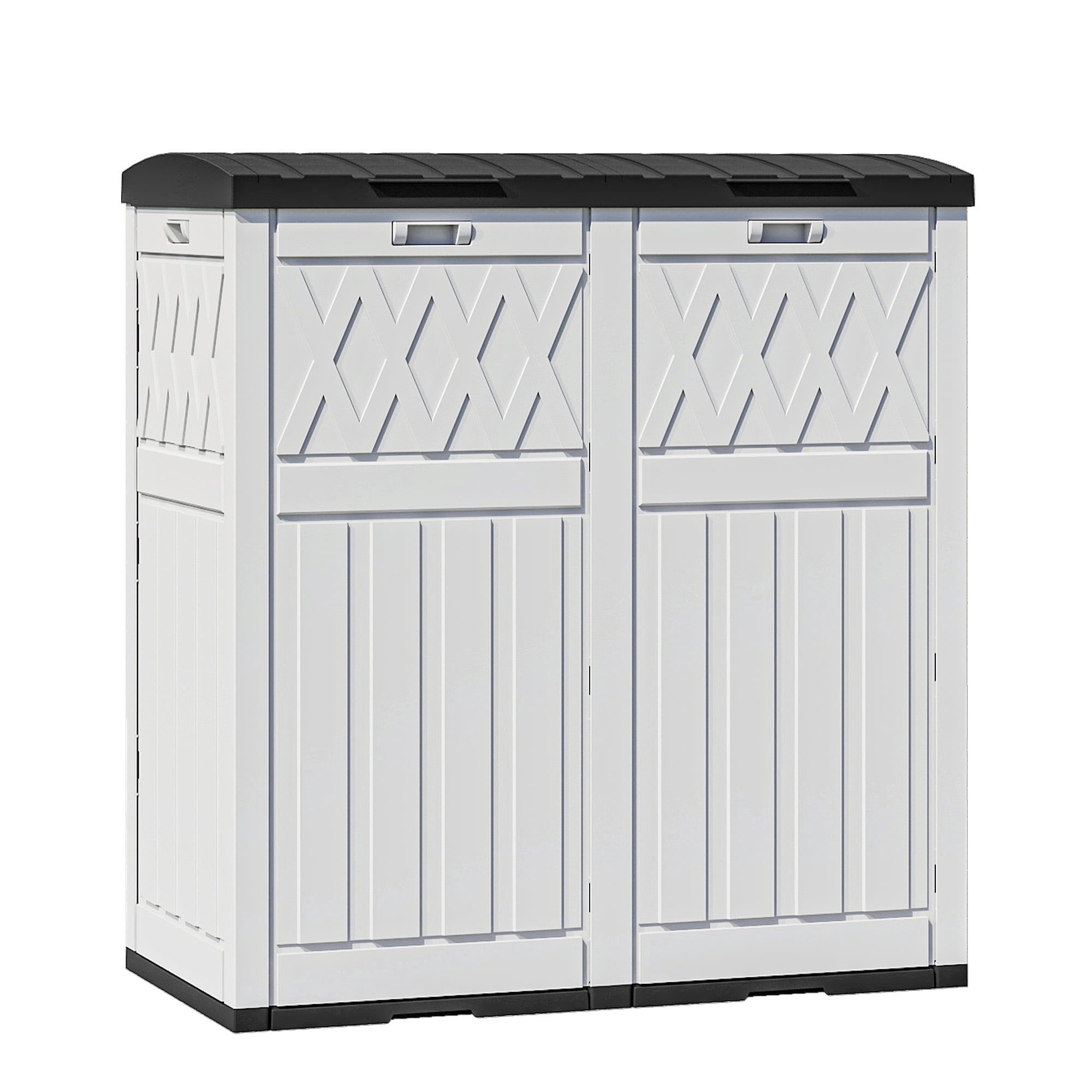 Uforic Double Compartment Outdoor Trash Can, 62 Gallon Waterproof Resin Garbage Bin with Tiered Lid and Drip Tray for Patio Deck Backyard, Black & White
