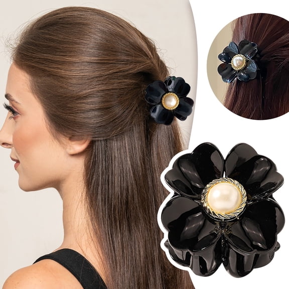 CXHEGBEJ Acrylic Hair Claw Clips Hair Flower-Shaped Grab Clip for Women Hairpin Cute Back Head Barrettes Shark Clip Hair Accessories for Bridal Party Decor Black