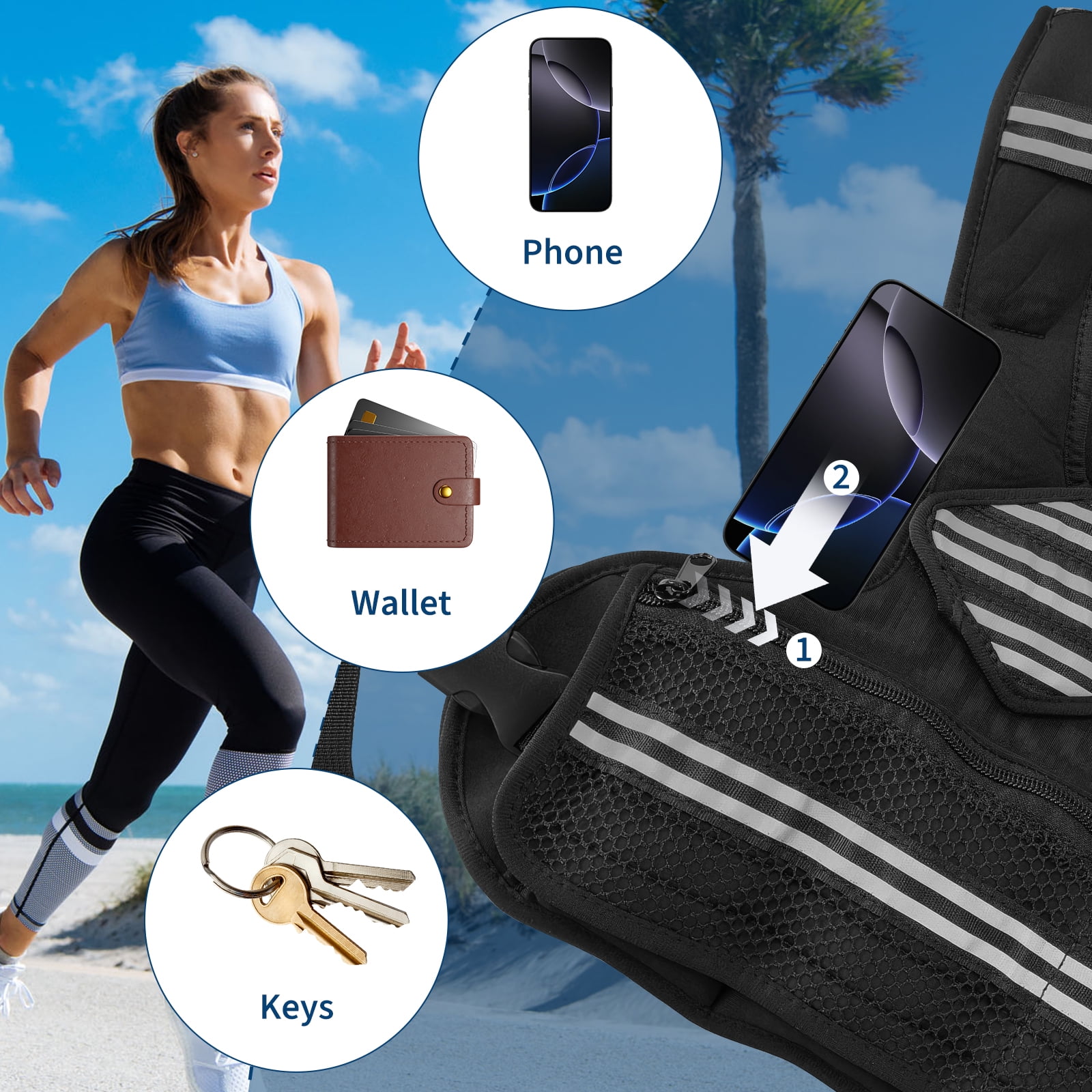 Roromall Adjustable Weight Vest, Men & Women Neoprene Workout Vest for Running, Walking, Gym Training – Reflective Strips & Pockets for Phone/Key