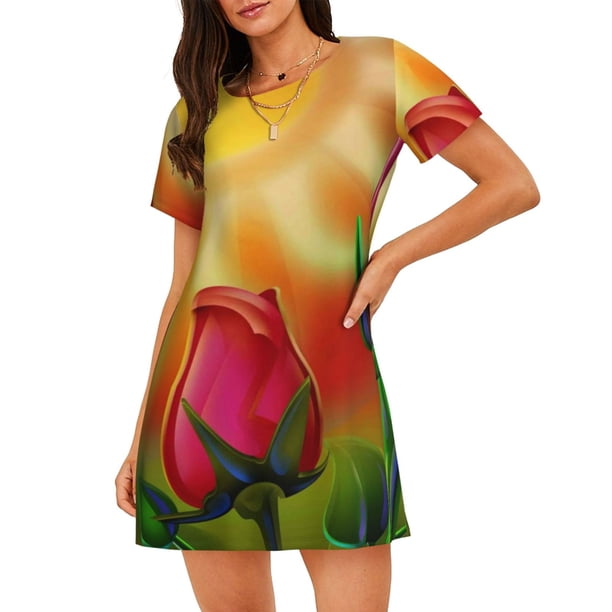 Disketp Rose Psychedelic para Camisón Corto de Manga Corta para Mujeres, Camisón Cómodo con Escote Redondo, Bonito y Confortable