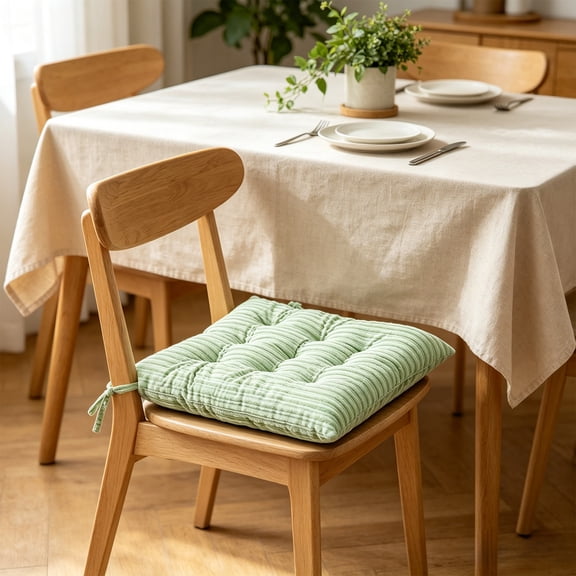 Thick Striped Corduroy Square Seat Cushion with Fixed Ties 38x38cm Office Dining Window Futon Chair Pad,Green