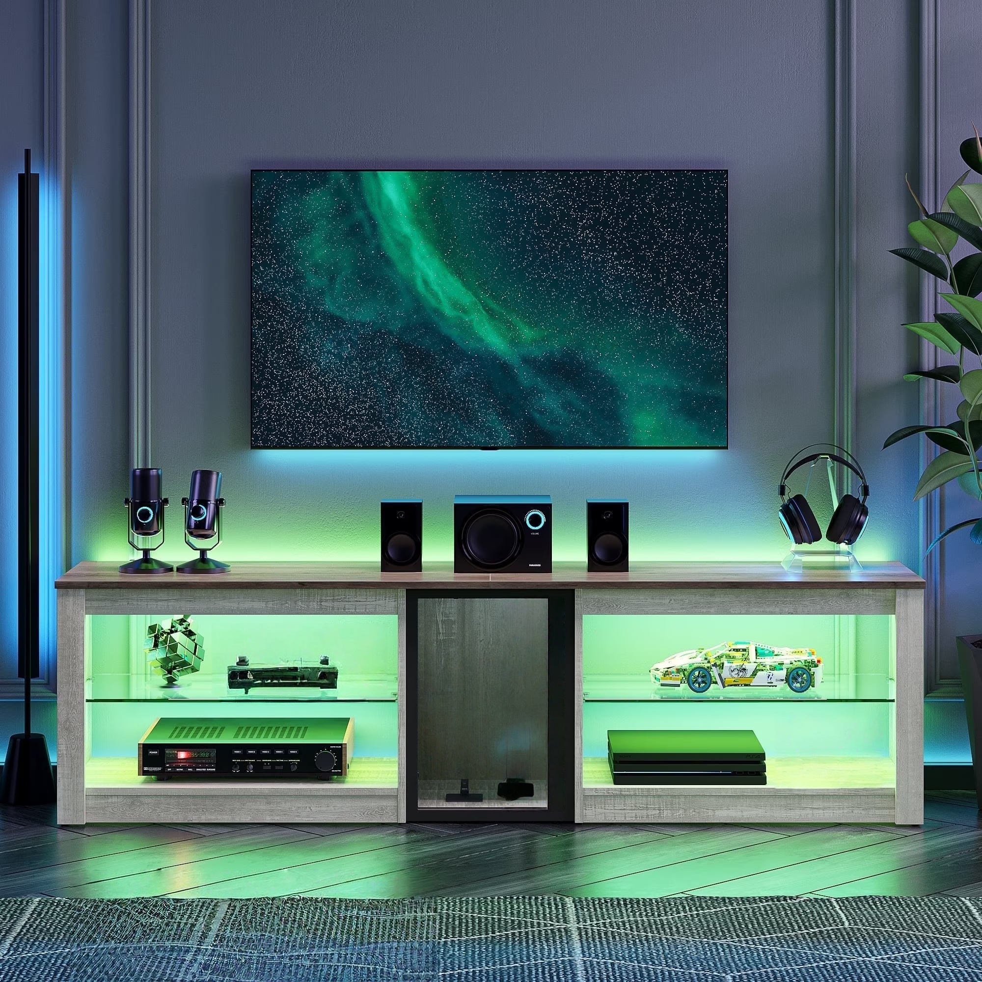 Bestier 70" TV Stand with LED Lights, Black Marble