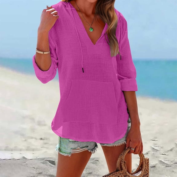 Linen Hoodie Women Summer Hoodies for Women Hooded Swimsuit Coverup for Women Beach Shirts for Women Swim Cover up Top Women's Beach Tunics and Cover-up Tops Beachy Shirts for Wome,Hot Pink,3XL