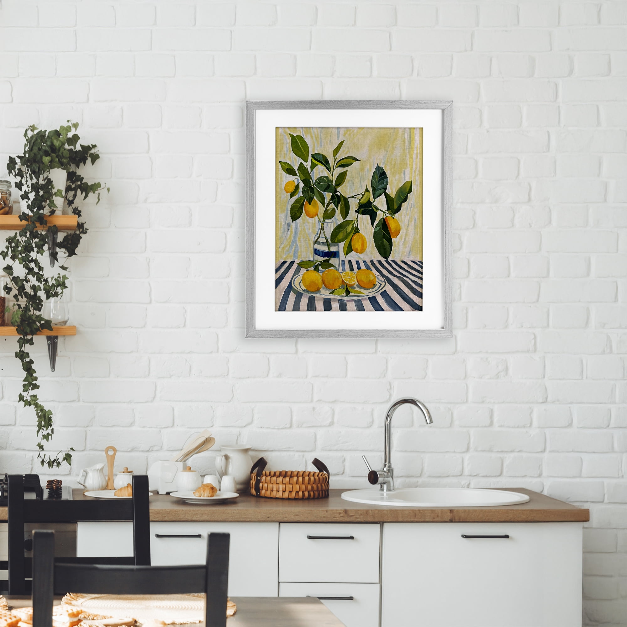 Stupell Industries Lemons on Striped Tablecloth Gray Framed Print Under Glass, design by Yen