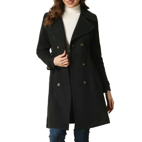 Allegra K Women's Faux Suede Notched Lapel Strap Cuff Solid Double Breasted Tie Belt Trench Coats