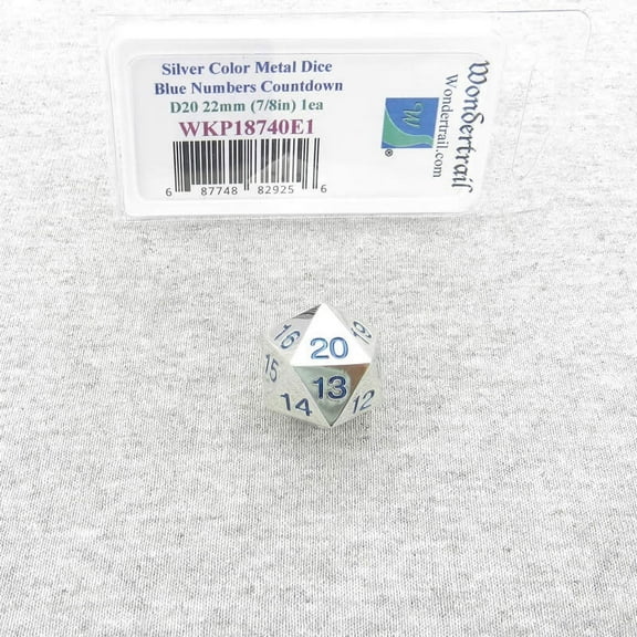 Metal Dice D20 Countdown Dice Silver With Blue Numbers 22mm (7/8in) Pack of 1 Wondertrail