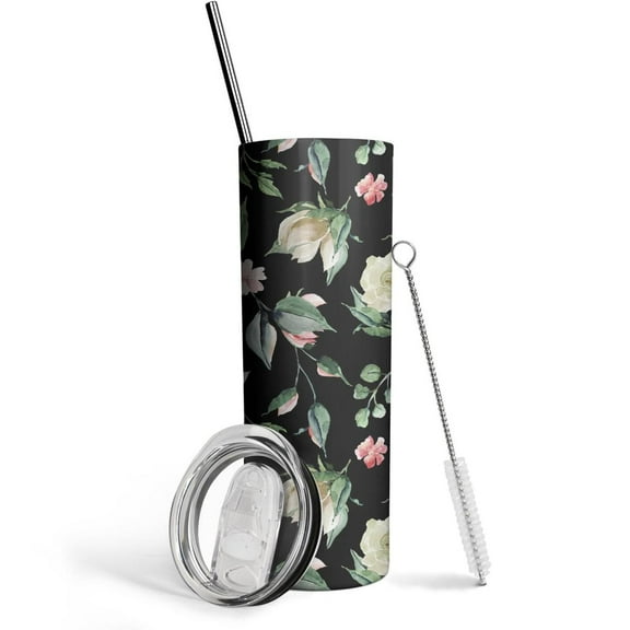 Pink and White Gouache Floral Pattern Skinny Tumbler 20oz - Double Wall Vacuum Coffee- Birthday Gifts for Mom Sister Friends Women