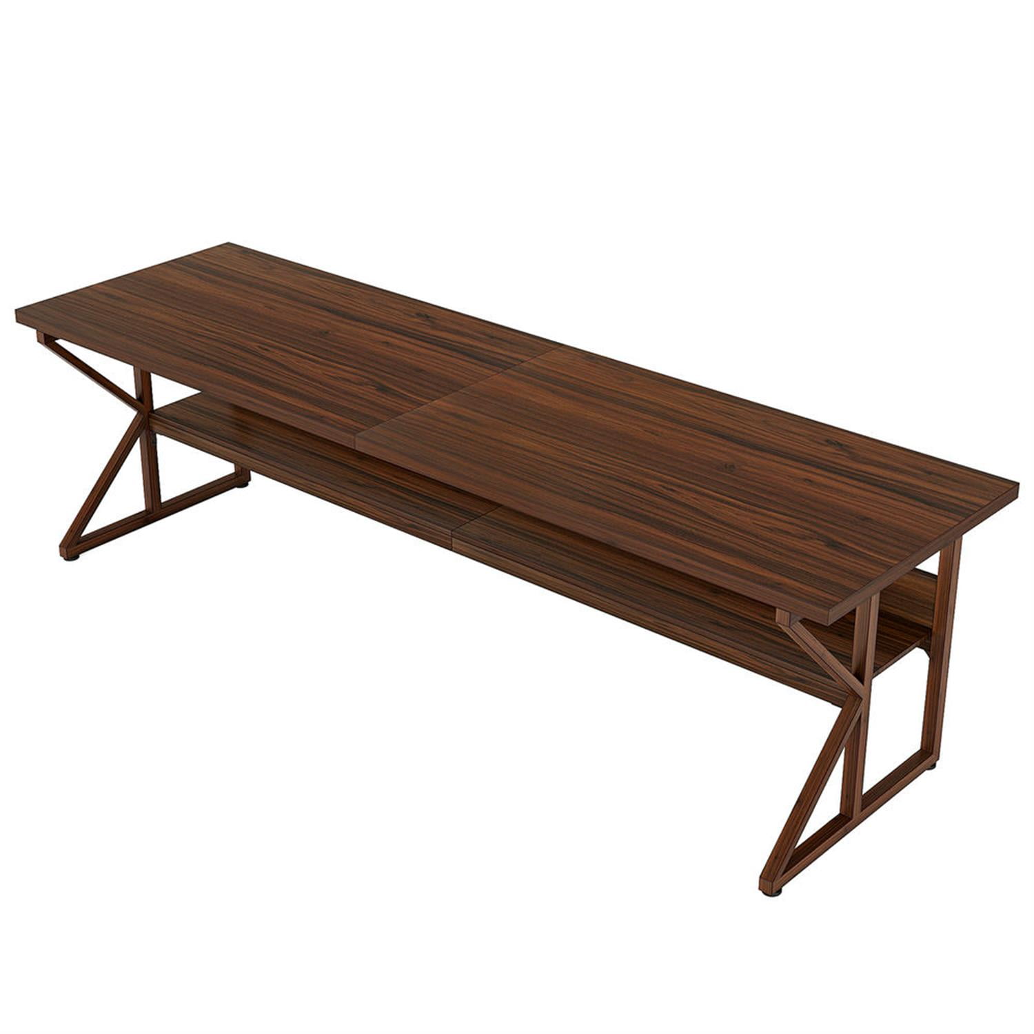 Demi Bonn 78"dustrial Two Computer Desk with Storage Shelf, Modern Double Study Writing Gaming Table for Home Office, Brown