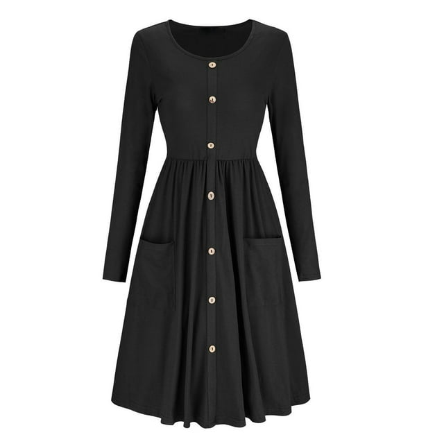 Vestido de cintura alta, vestido de manga larga, vestido midi de manga larga redondo, vestido de manga larga con botones, vestido de alta capacidad