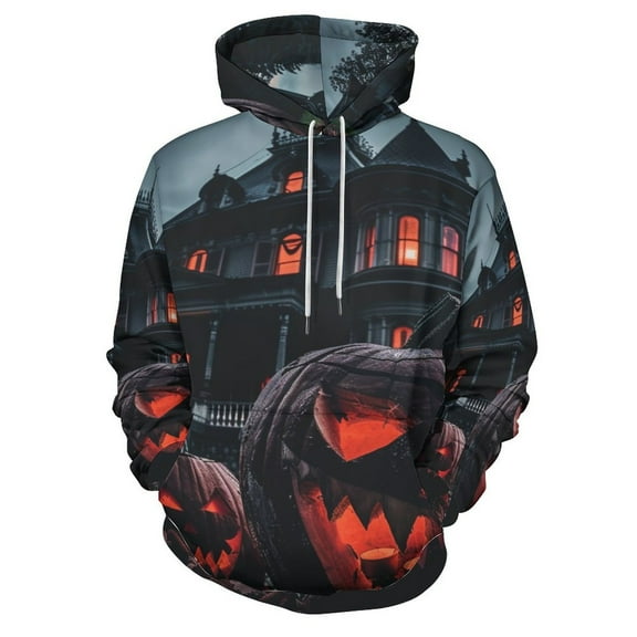 Halloween Haunted House Scary Pumpkin Regular Fit Hoodie, Sporty Pullover Hooded Sweatshirt for Men Women S