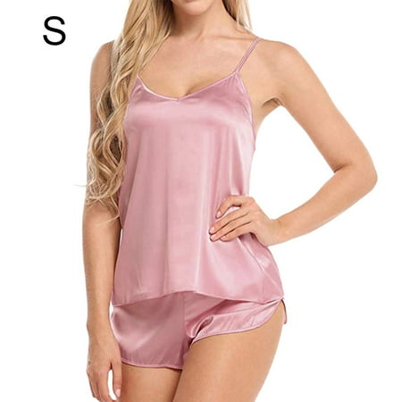 

Pajama Set Sleeveless Strap Shorts Suit V Neck Woman Sleepware Suit Pink S