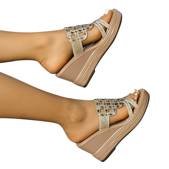 Miluxas Summer Sandals Womens Chunky High Platform Wedge Casual Flower Water Diamond Sandals Gold 9.5(43)