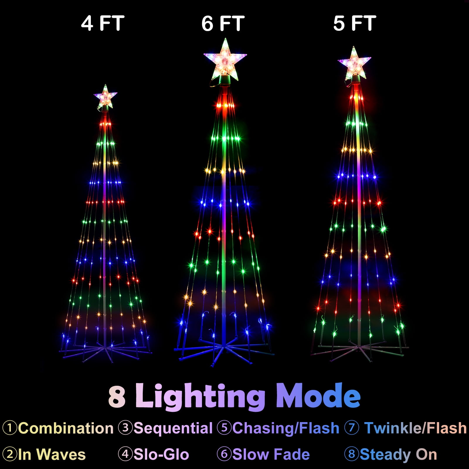 3 Pack LED Plug-In Christmas Tree Light Decorations, Multicolor Christmas Decor with Star Toppers, 4ft 5ft 6ft