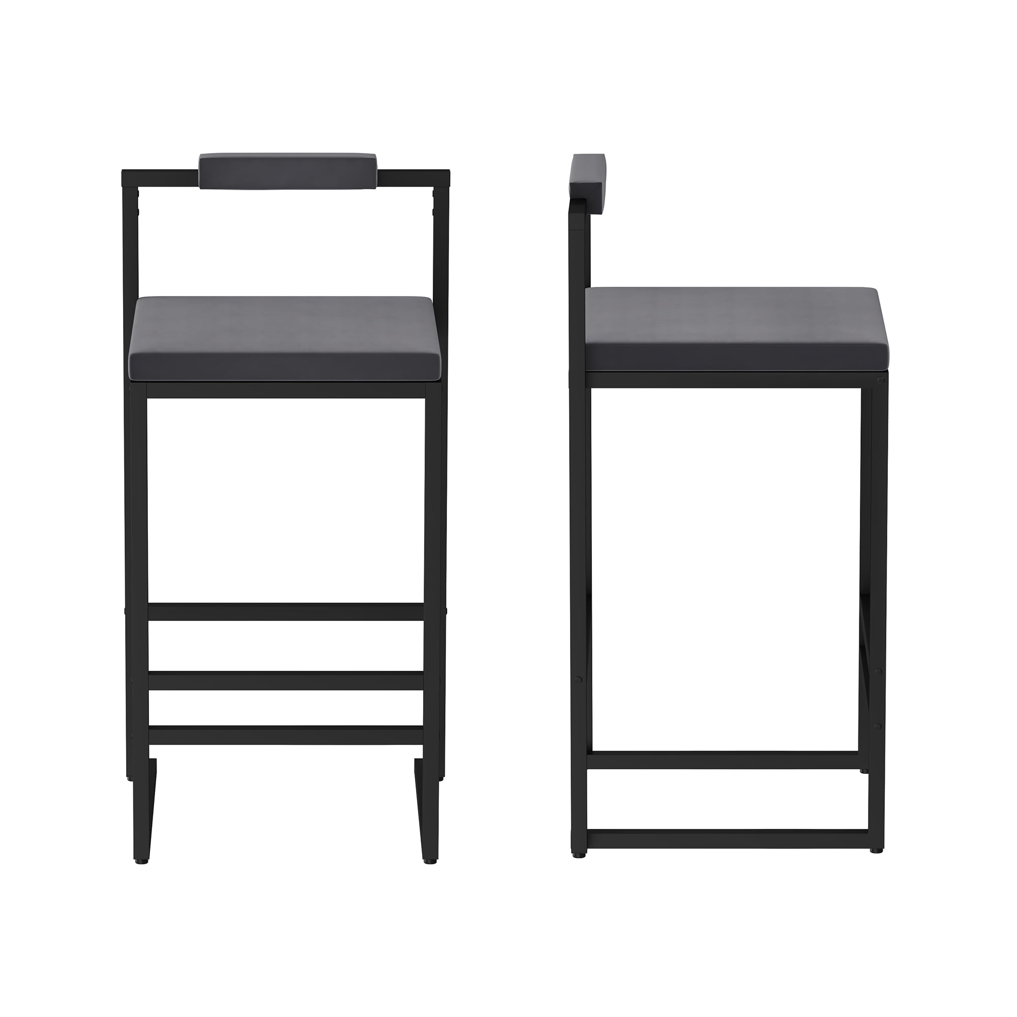Upholstered Velvet Bar Stools Set of 2 Counter Height with Low Back and Footrest Gray Fabric and Black Metal Frame for Kitchen Island